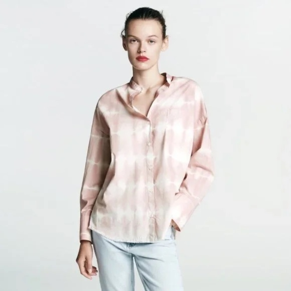 Zara - Dusty Pink Tie Dye Button Down Pocket Long Sleeve Blouse Size Small